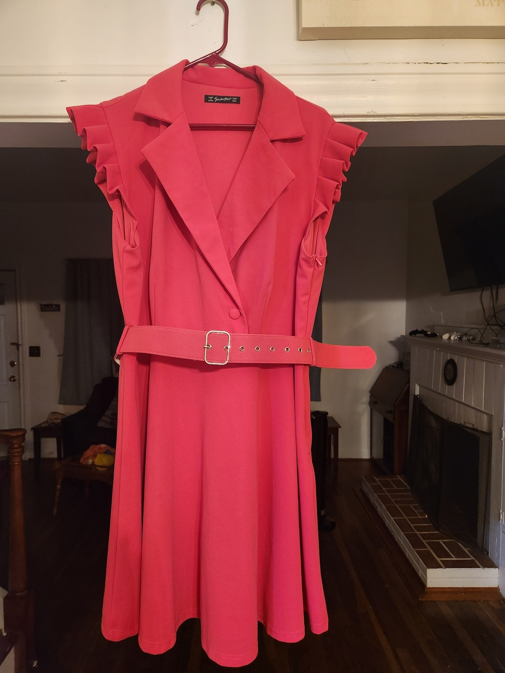 Simplee Apparel Coral-Pink Belted Ruffle Midi Dress